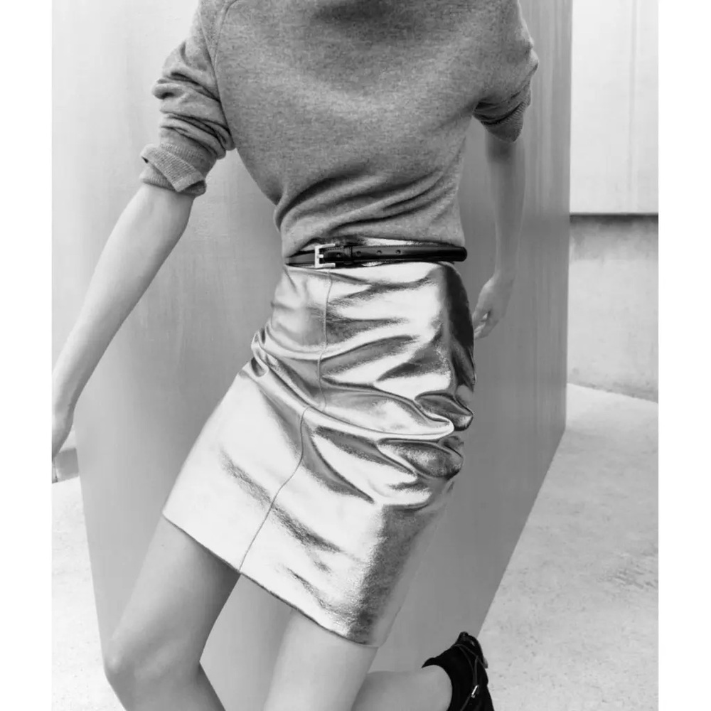 Massimo Dutti Leather skirt Never worn Silver, Leather Size L 100% Sheep Leather - Picture 2 of 16